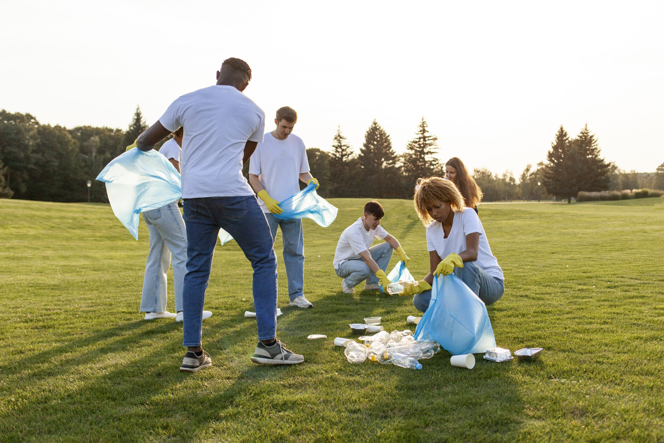 multiracial group of people volunteers with garbage bags collect garbage and plastic in the park, team of students clean environment, green planet concept and plastic ban